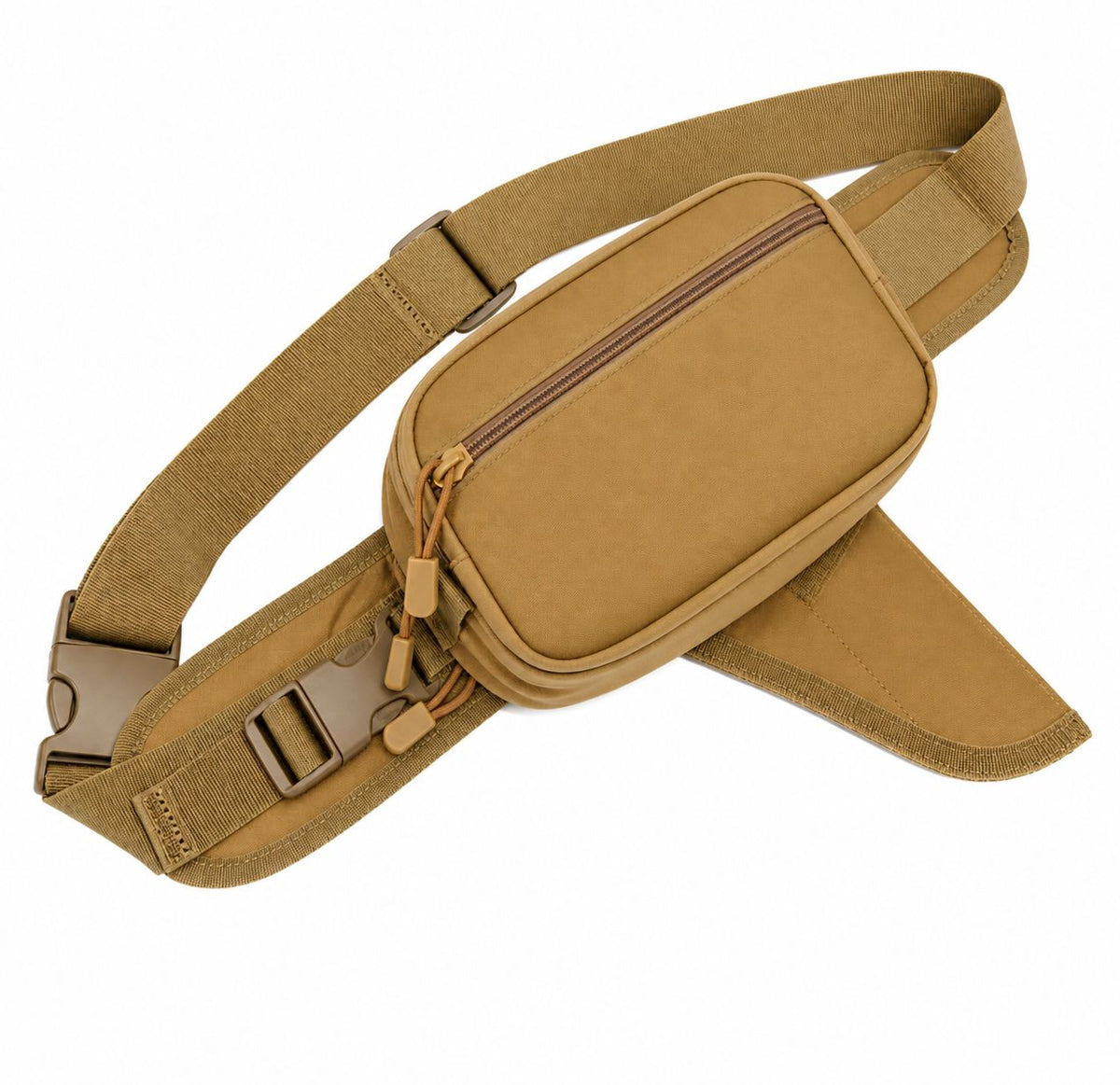 OnyxRig Utility Waist Bag in Coyote Brown, flat lay showing belt buckle and zip pulls